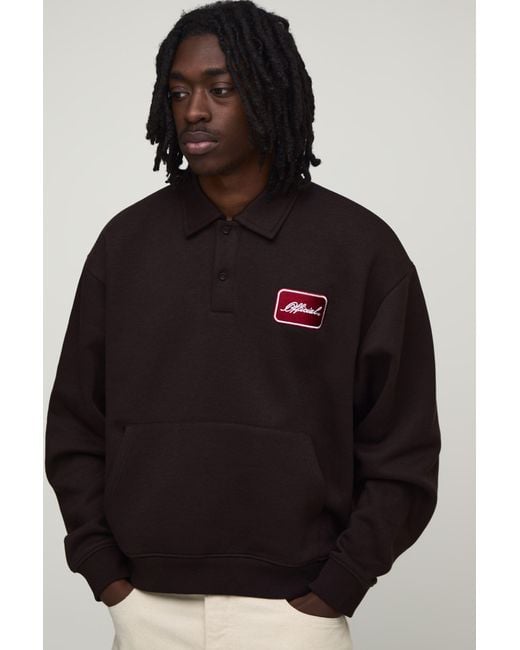 BoohooMAN Black Heavyweight Oversized Boxy Embroidered Badge Polo Sweater for men
