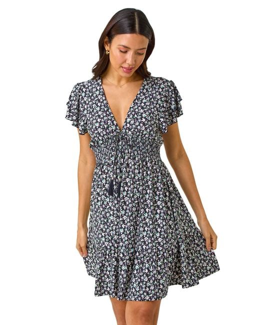 Roman Blue Ditsy Frill Stretch Dress