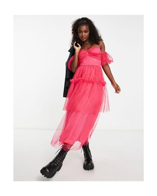 Miss Selfridge Pink Ruffle Mesh Midi Dress