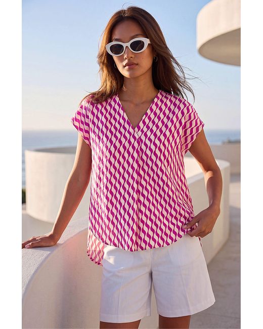 Roman Pink Wave Stripe Print V-Neck Top