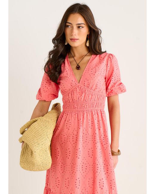 Gini London Pink Diamond Cut Work V Neck Broderie Dress