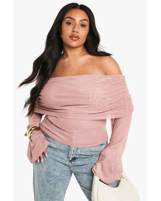 Boohoo Red Plus Mesh Bardot Long Sleeve Top