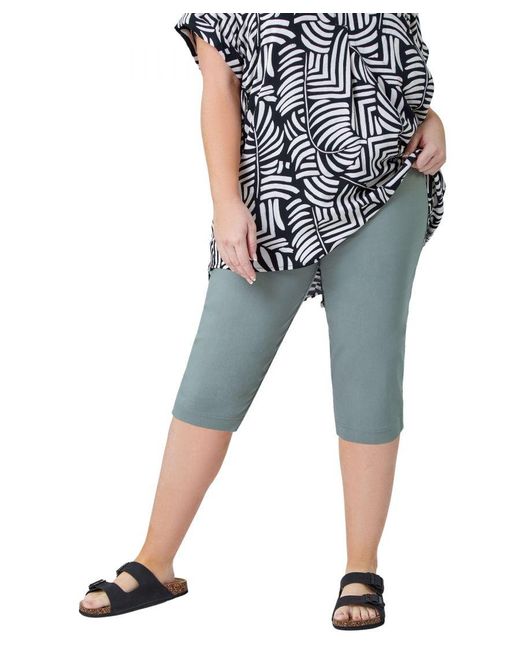 Roman Curve Blue Knee Length Elastic Waist Stretch Shorts