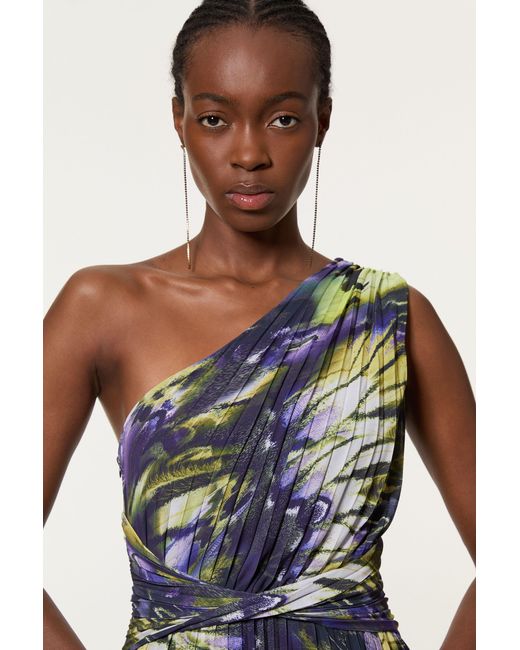 Karen Millen Multicolor Tall Crinkle Feather Print Woven One Shoulder Midaxi Dress