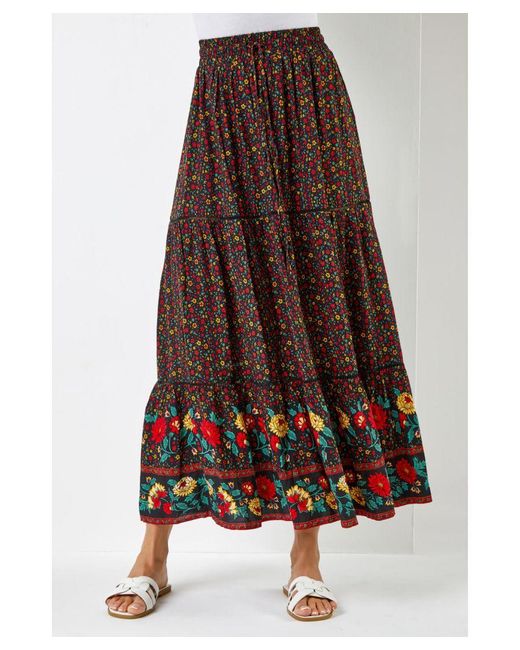 Roman Brown Tiered Floral Print Maxi Skirt