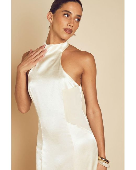 MissPap Natural High Neck Halter Panelled Satin Maxi Dress
