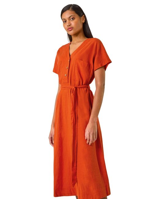 Roman Red Button Linen Mix Midi Dress