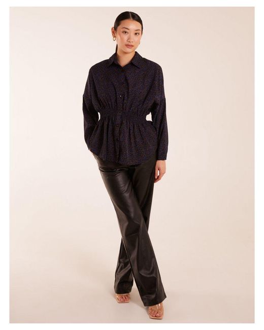 Blue Vanilla Black Leopard Print Shirred Waist Shirt