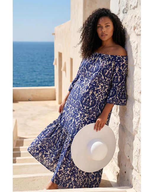 Roman Blue Curve Printed Bardot Maxi Dress