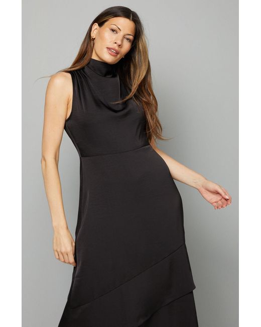 Wallis Black Satin Asymmetric Pleat Detail Midi Dress