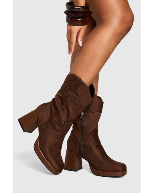 Boohoo Brown Faux Suede Platform Wooden Heel Detail Ankle Boot