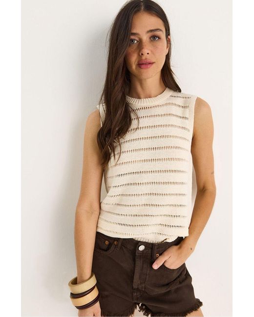 Bianco Lucci Natural Patterned Crew Neck Cropped Blouse