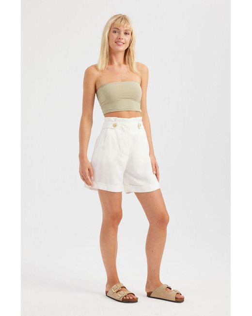 Hiccup White Woven High Waist Buttoned Shorts