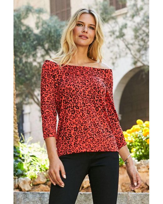 Sosandar Red Print Bardot Jersey Top Viscose