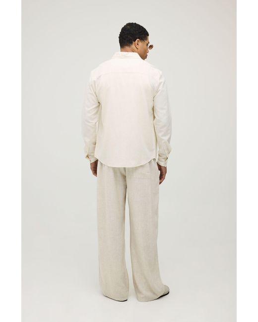 BoohooMAN Natural Regular Fit Long Sleeve Linen Blend Shirt for men