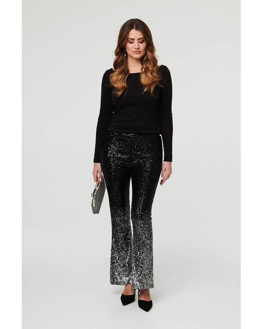 Izabel London Black Sparkly Sequin High Waist Flare Trousers