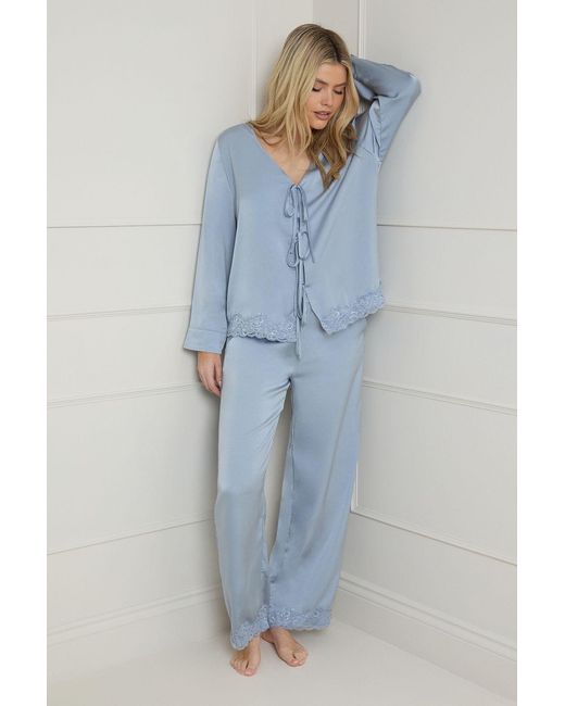Oasis Blue Satin Wide Fit Lace Trim Pyjama Set