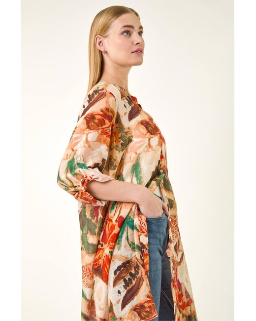 Roman Orange Abstract Print Button Longline Blouse