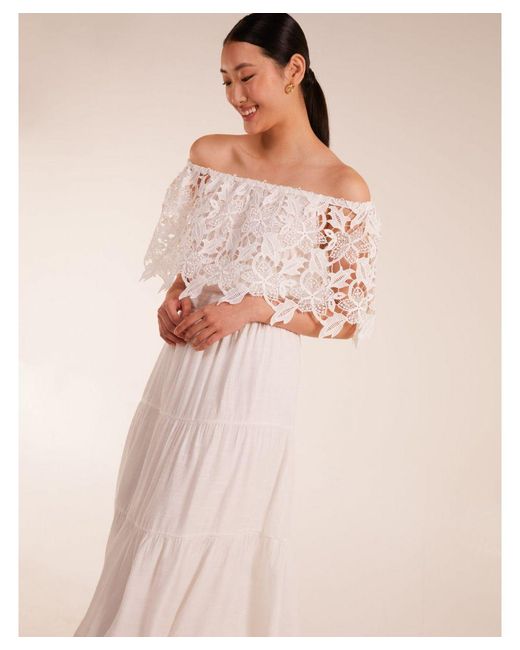 Blue Vanilla Natural Crochet Lace Shirred Waist Midi Dress