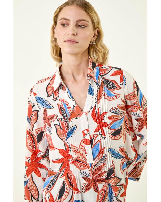 Roman Red Leaf Print Pintuck V-Neck Top