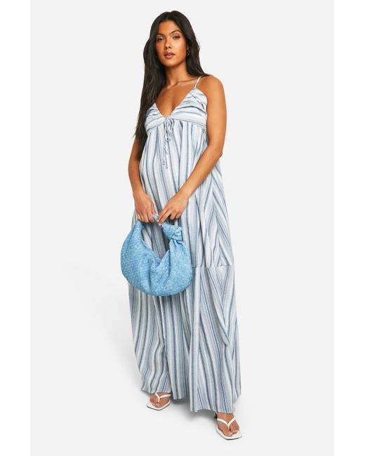Boohoo Blue Maternity Linen Look Striped Strappy Maxi Dress