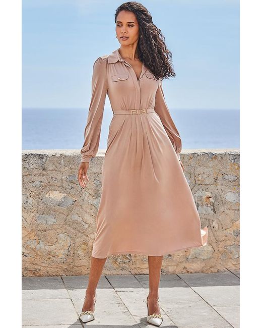 Sosandar Blue Camel Midi Shirt Jersey Dress With Belt Detail