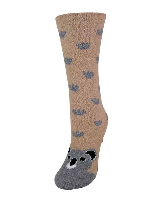 Sock Snob Natural Ladies Fluffy Non Slip Slipper Socks With Animal Designs