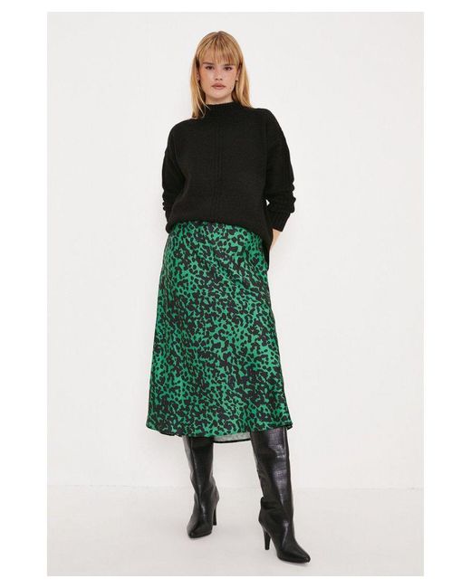 Oasis Green Animal Satin Bias Cut Midi Skirt
