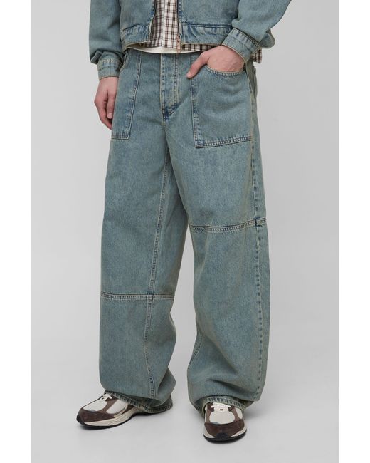 BoohooMAN Blue Tall Debossed Pocket Vintage Wash Baggy Jeans for men