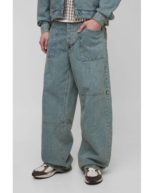 BoohooMAN Blue Tall Debossed Pocket Vintage Wash Baggy Jeans for men