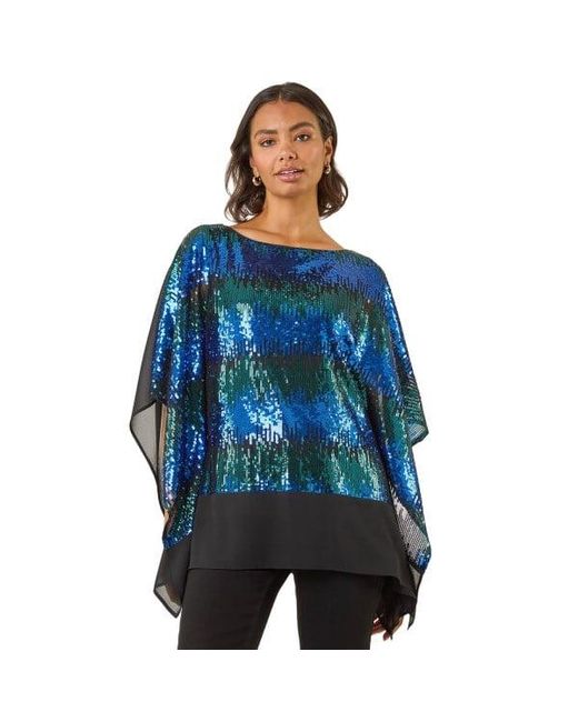 Roman Blue Ombre Sequin Mesh Chiffon Top