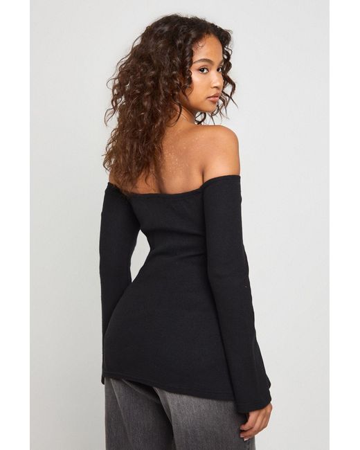 Boohoo Black Brushed Rib Bardot Tie Wasit Lonline Top