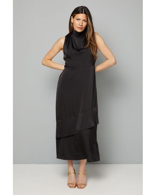 Wallis Black Satin Asymmetric Pleat Detail Midi Dress