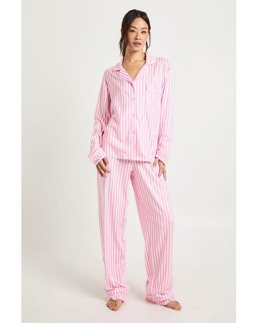 Boohoo Pink Tall Candy Stripe Long Sleeve Shirt & Trouser 3 Piece Pyjama Set