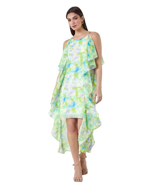 Ariella Green Abstract Chiffon Ruffle Detail Midi Dress