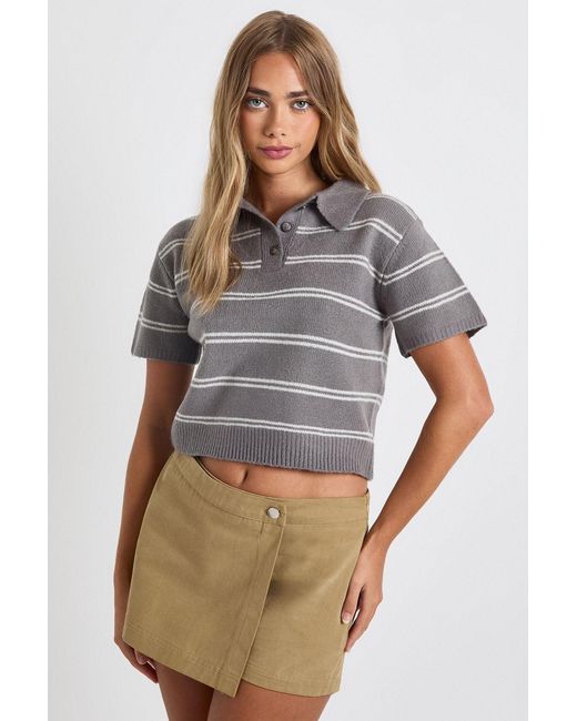 Boohoo Gray Stripe Collared Oversized Knitted Top