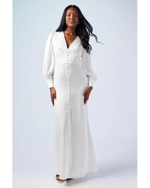 Oasis White Premium Button Front Blouson Sleeve Satin Wedding Dress