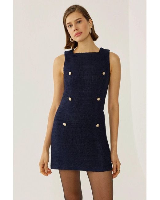Hiccup Blue Tweed Buttoned Mini Dress