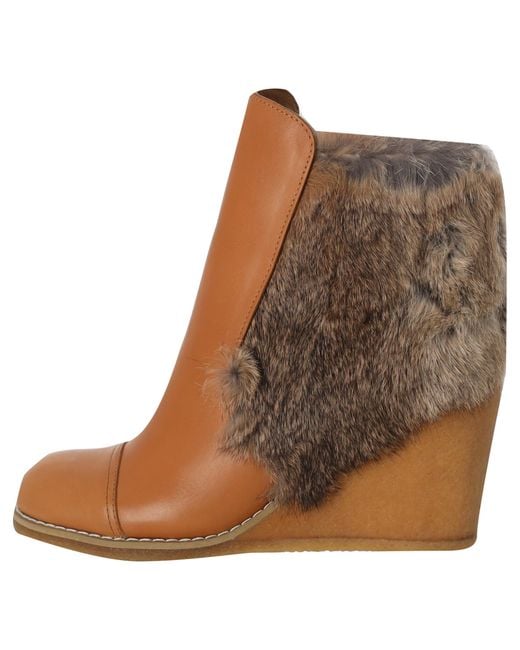 See By Chloé Brown Fur-Trimmed Wedge Ankle Boots