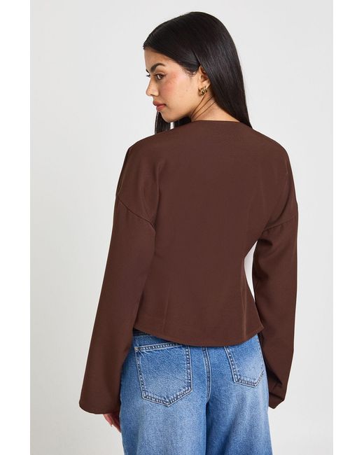Boohoo Brown Button Long Sleeve Wrap Top