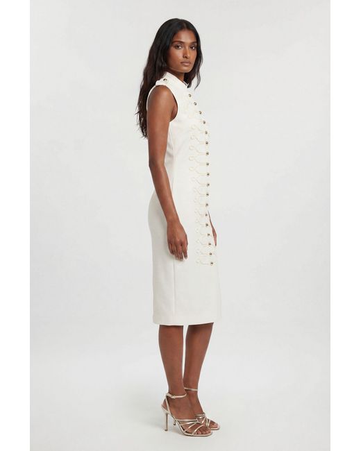 Karen Millen White Compact Stretch Button Detail Straight Pencil Dress