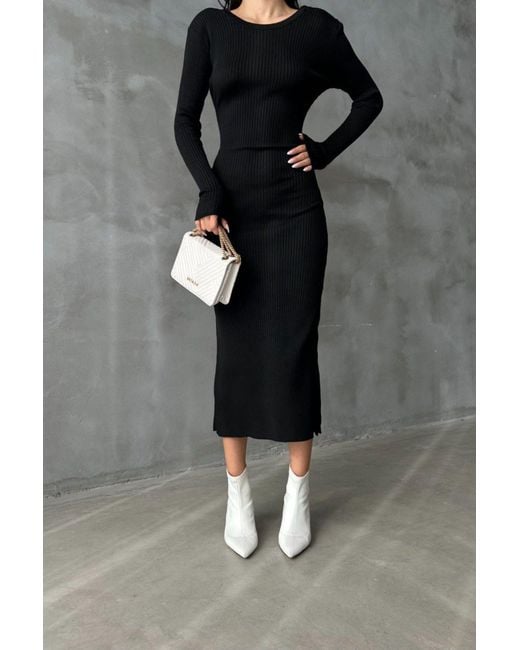 Hiccup Black Knitted Round Neck Long Sleeve Midi Bodycon Dress