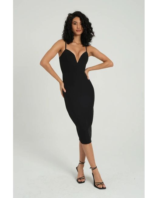 Hiccup Black Plunge Neck Strappy Midi Bodycon Dress