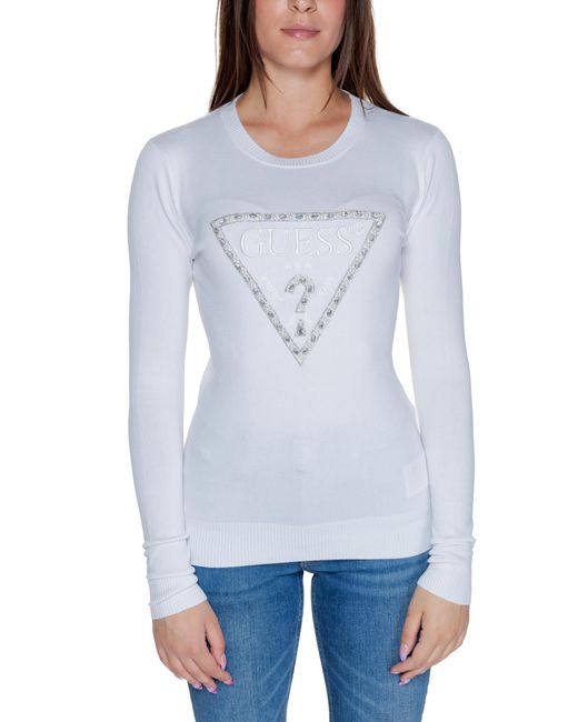 Guess Witte Gebreide Trui Voor Dames Met Strass En Parelversieringen in het Blue
