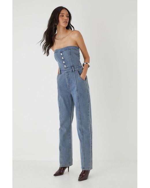 MissPap Blue Bandeau Button Up Denim Jumpsuit