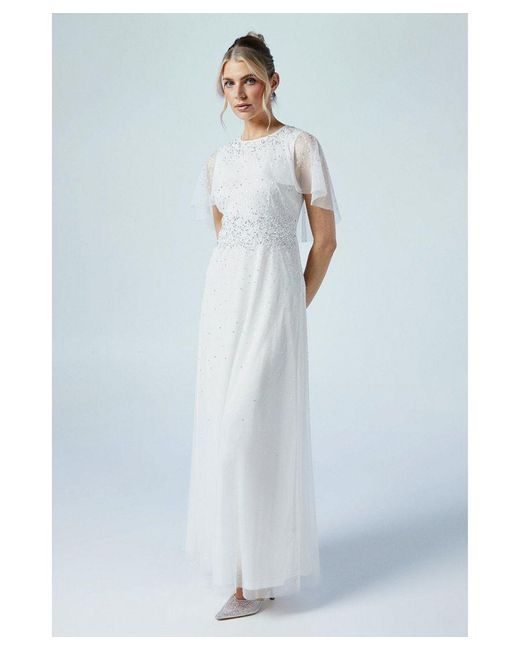 Coast Blue Cape Detail Ombre Embellished Mesh Wedding Dress