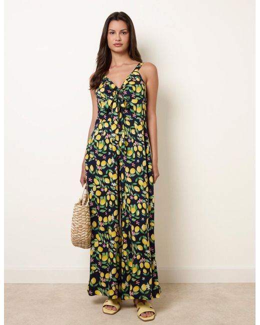 Blue Vanilla Green Lemon Print Front Tie Jumpsuit