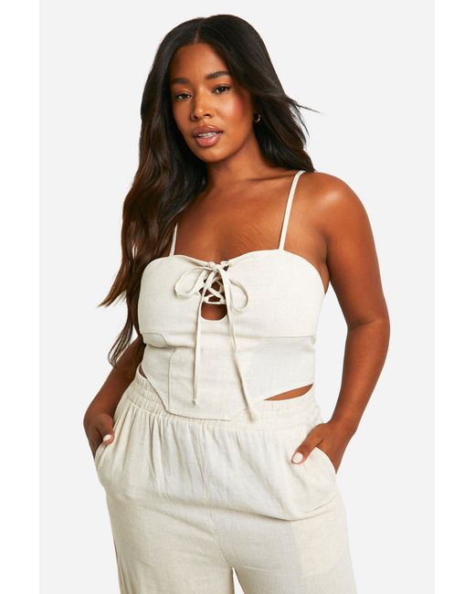 Boohoo White Plus Linen Look Lace Up Corset Top