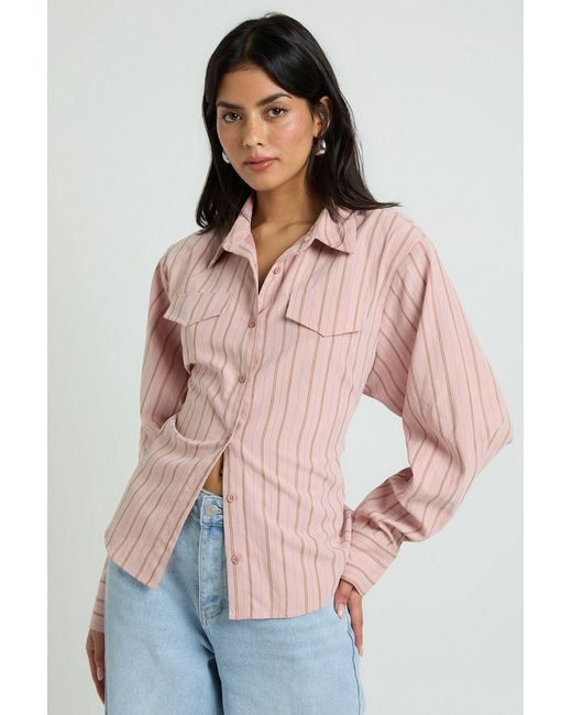 Boohoo Pink Cinched Stripe Fitted Shirt