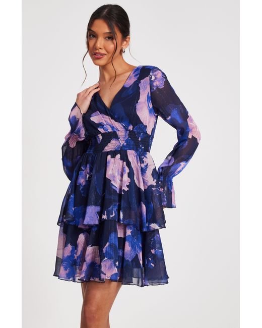 Quiz Blue Floral Tiered Skater Dress